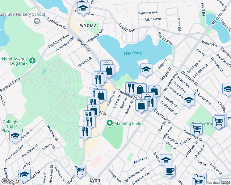 map of restaurants, bars, coffee shops, grocery stores, and more near 16 Allerton Street in Lynn