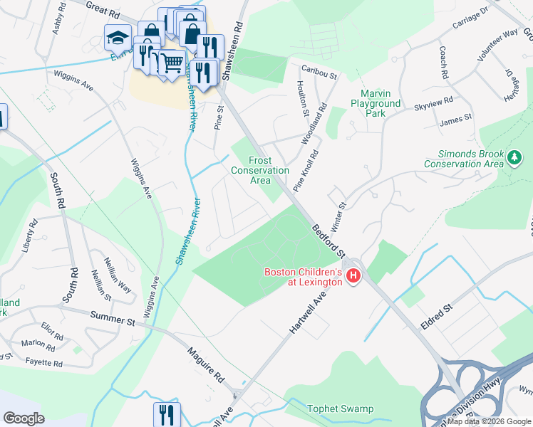 map of restaurants, bars, coffee shops, grocery stores, and more near 63 Pine Street in Bedford