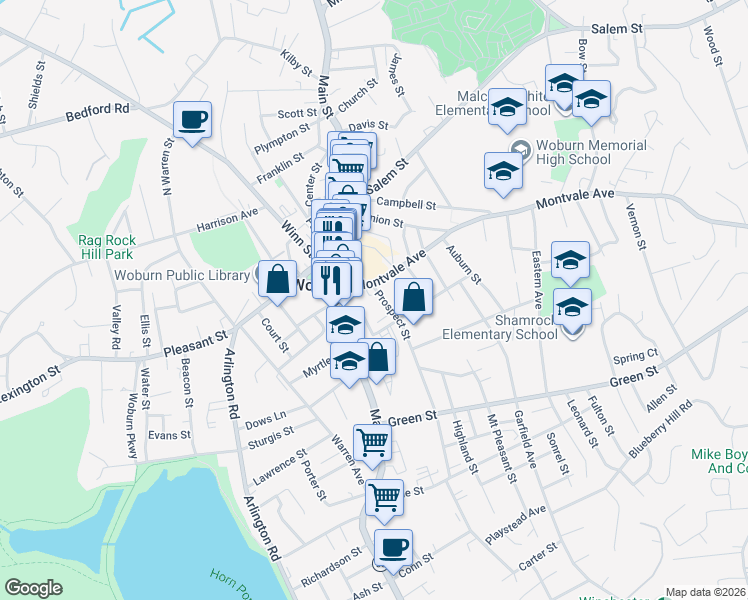 map of restaurants, bars, coffee shops, grocery stores, and more near 11 Prospect Street in Woburn