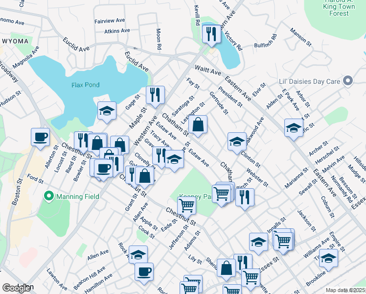 map of restaurants, bars, coffee shops, grocery stores, and more near 114 Eutaw Avenue in Lynn