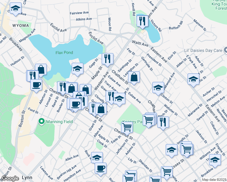 map of restaurants, bars, coffee shops, grocery stores, and more near 136 Tracy Avenue in Lynn