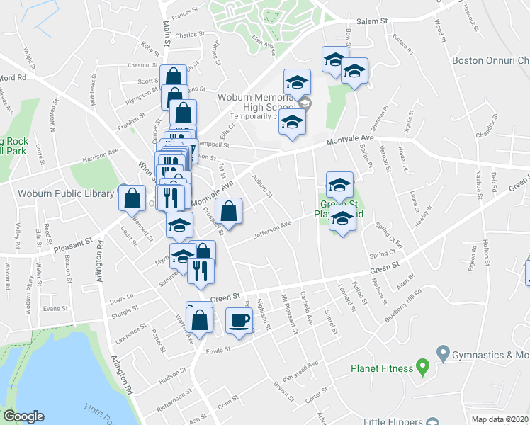 map of restaurants, bars, coffee shops, grocery stores, and more near 23 Fairmount Street in Woburn