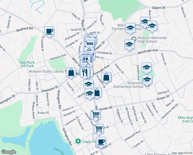 map of restaurants, bars, coffee shops, grocery stores, and more near 11 Prospect Street in Woburn