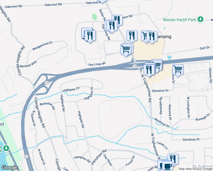 map of restaurants, bars, coffee shops, grocery stores, and more near 41 Highgate Circle in Ithaca