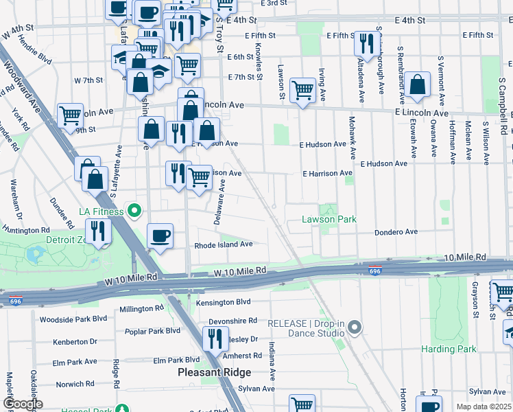 map of restaurants, bars, coffee shops, grocery stores, and more near 433 East Kenilworth Avenue in Royal Oak