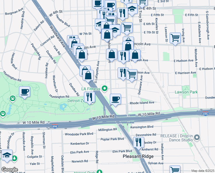 map of restaurants, bars, coffee shops, grocery stores, and more near 1302 South Washington Avenue in Royal Oak
