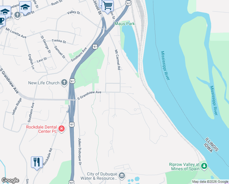 map of restaurants, bars, coffee shops, grocery stores, and more near 1871 South Grandview Avenue in Dubuque