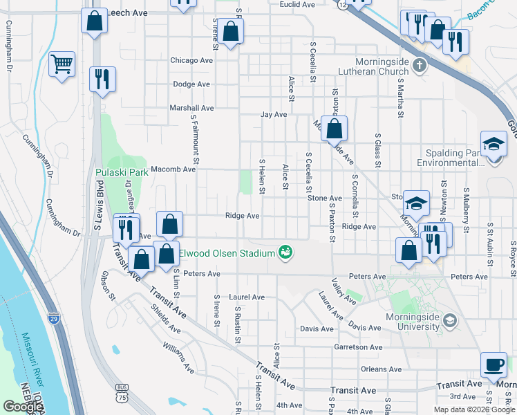 map of restaurants, bars, coffee shops, grocery stores, and more near 2909 Ridge Avenue in Sioux City