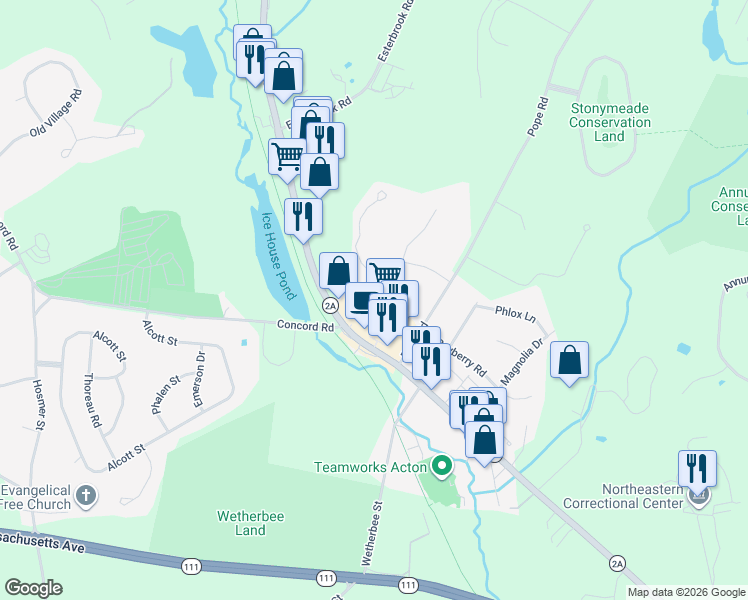 map of restaurants, bars, coffee shops, grocery stores, and more near 103 Great Road in Acton
