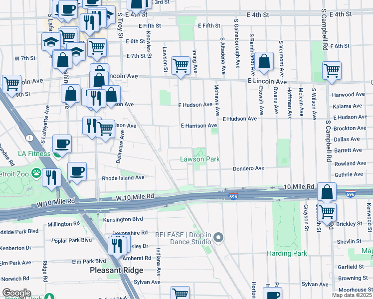map of restaurants, bars, coffee shops, grocery stores, and more near 1301 Anne Drive in Royal Oak