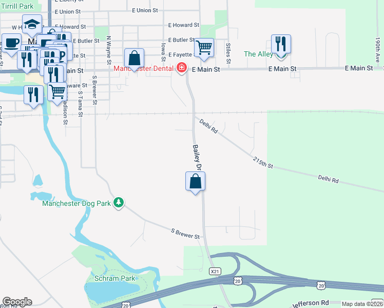 map of restaurants, bars, coffee shops, grocery stores, and more near 200-296 County Highway X21 in Manchester