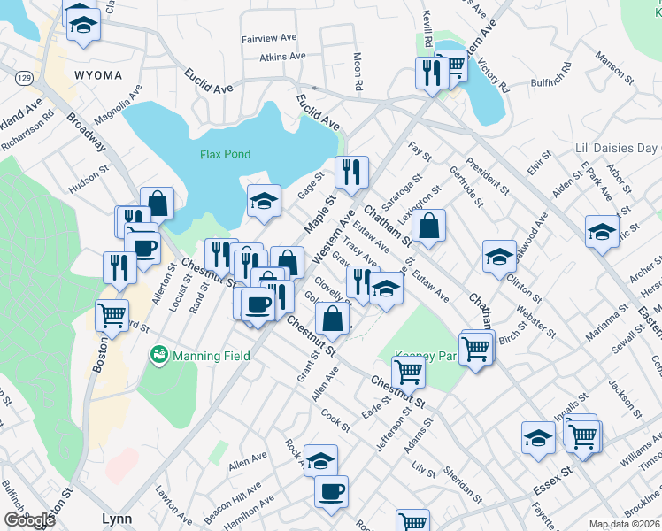 map of restaurants, bars, coffee shops, grocery stores, and more near 10 Clovelly Street in Lynn