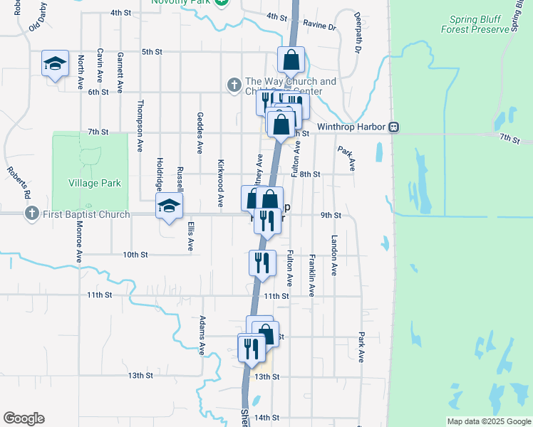 map of restaurants, bars, coffee shops, grocery stores, and more near in Winthrop Harbor
