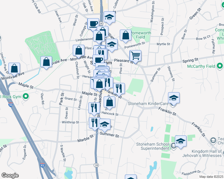 map of restaurants, bars, coffee shops, grocery stores, and more near 32 Franklin Street in Stoneham