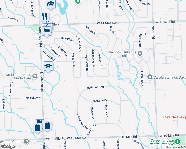 map of restaurants, bars, coffee shops, grocery stores, and more near 25233 Wykeshire Road in Farmington Hills