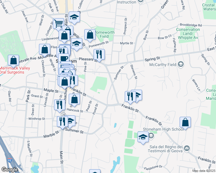map of restaurants, bars, coffee shops, grocery stores, and more near 112 Summer Street in Stoneham