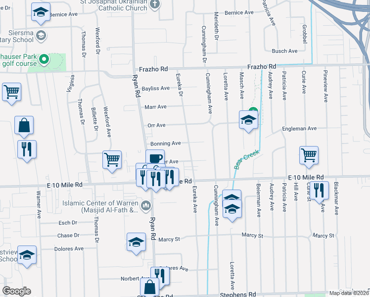 map of restaurants, bars, coffee shops, grocery stores, and more near 4335 Kiefer Avenue in Warren