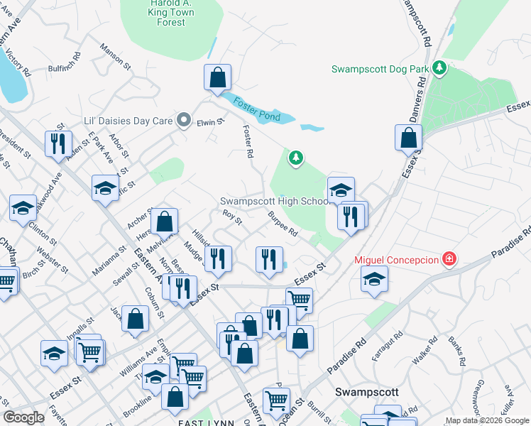 map of restaurants, bars, coffee shops, grocery stores, and more near 82 Burpee Road in Swampscott