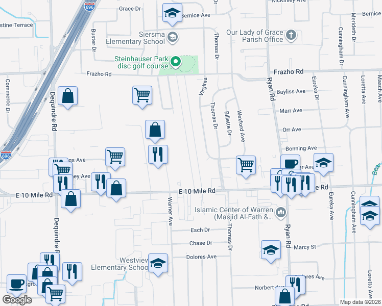 map of restaurants, bars, coffee shops, grocery stores, and more near 25235 Doncea Drive in Warren