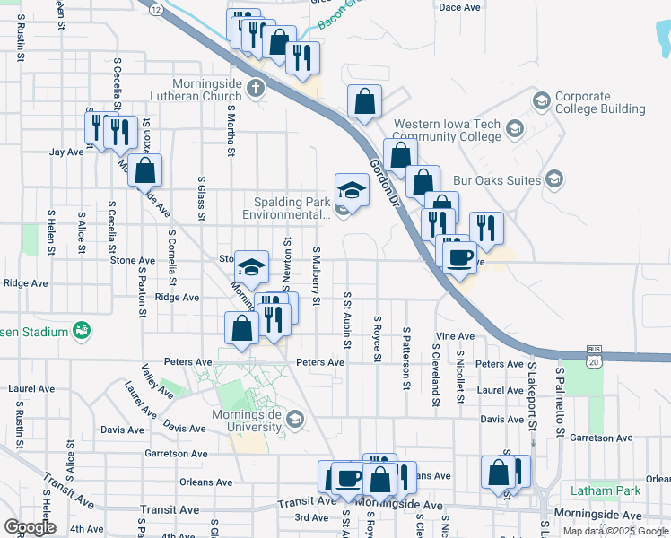 map of restaurants, bars, coffee shops, grocery stores, and more near 3914 Stone Avenue in Sioux City