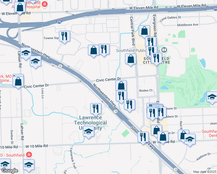 map of restaurants, bars, coffee shops, grocery stores, and more near 25800 Northwestern Highway in Southfield