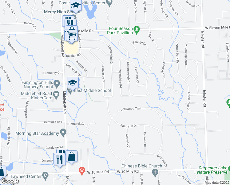 map of restaurants, bars, coffee shops, grocery stores, and more near 25072 Castlereigh Drive in Farmington Hills