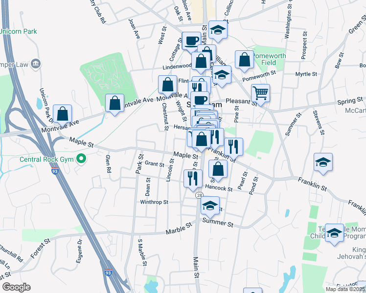 map of restaurants, bars, coffee shops, grocery stores, and more near 34 Wright Street in Stoneham
