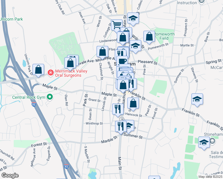map of restaurants, bars, coffee shops, grocery stores, and more near 34 Wright Street in Stoneham