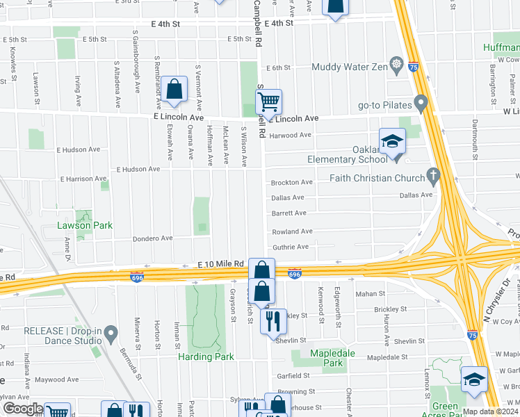 map of restaurants, bars, coffee shops, grocery stores, and more near 1310 South Campbell Road in Royal Oak