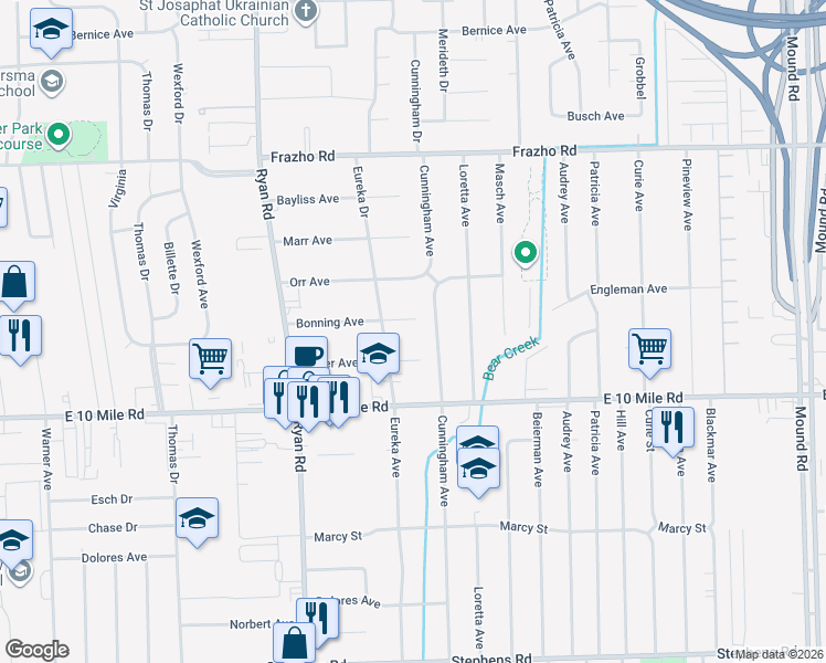 map of restaurants, bars, coffee shops, grocery stores, and more near 4499 Kiefer Avenue in Warren