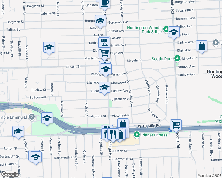 map of restaurants, bars, coffee shops, grocery stores, and more near 13365 Ludlow Avenue in Huntington Woods