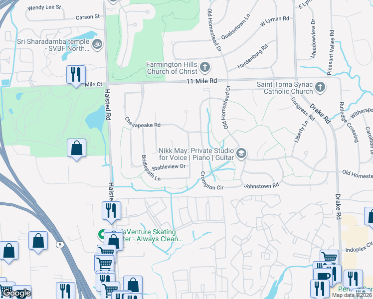map of restaurants, bars, coffee shops, grocery stores, and more near 25400 Ranchwood Drive in Farmington Hills
