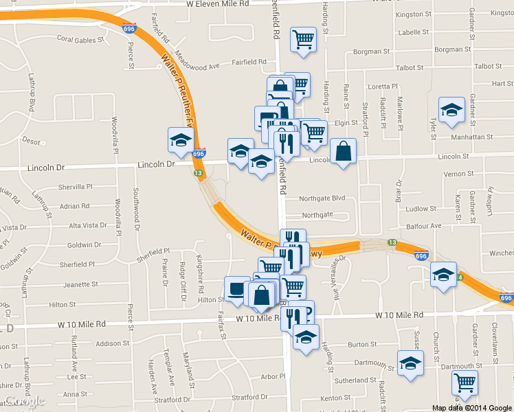 map of restaurants, bars, coffee shops, grocery stores, and more near 25501 Greenfield Road in Southfield