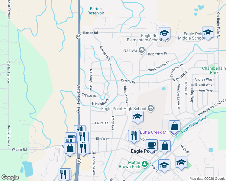 map of restaurants, bars, coffee shops, grocery stores, and more near 435 Phyllis Drive in Eagle Point