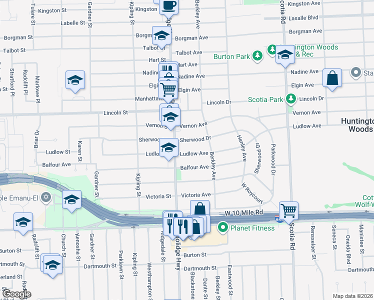 map of restaurants, bars, coffee shops, grocery stores, and more near 13365 Ludlow Avenue in Huntington Woods