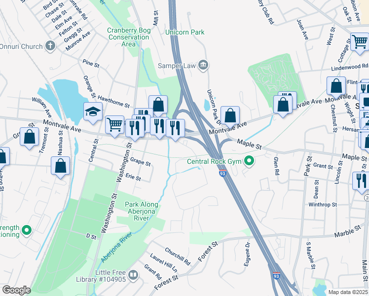 map of restaurants, bars, coffee shops, grocery stores, and more near 1 Hill Street in Winchester