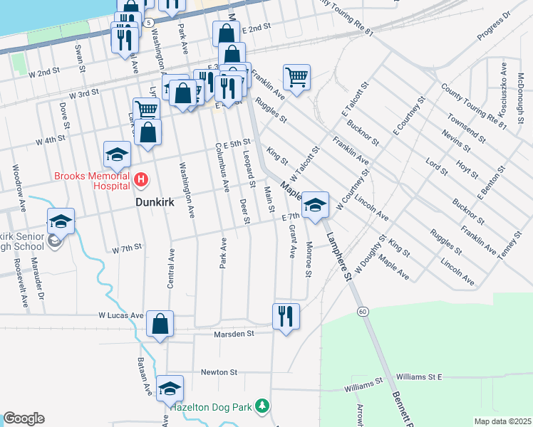 map of restaurants, bars, coffee shops, grocery stores, and more near 77 East 7th Street in Dunkirk
