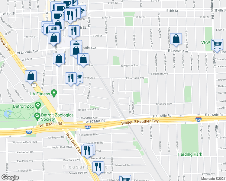 map of restaurants, bars, coffee shops, grocery stores, and more near 433 East Kenilworth Avenue in Royal Oak