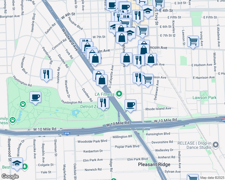 map of restaurants, bars, coffee shops, grocery stores, and more near 334 West Kenilworth Avenue in Royal Oak