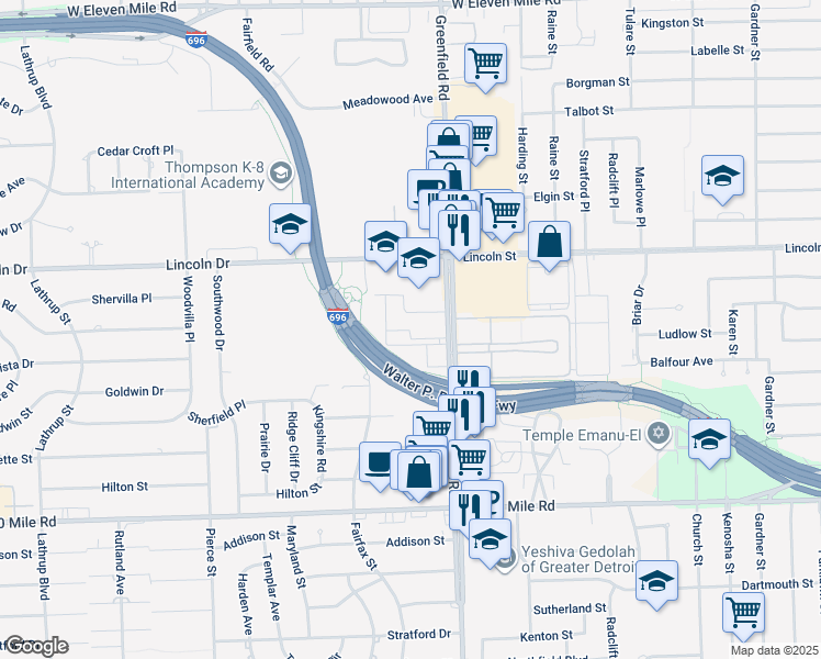 map of restaurants, bars, coffee shops, grocery stores, and more near 25501 Greenfield Road in Southfield