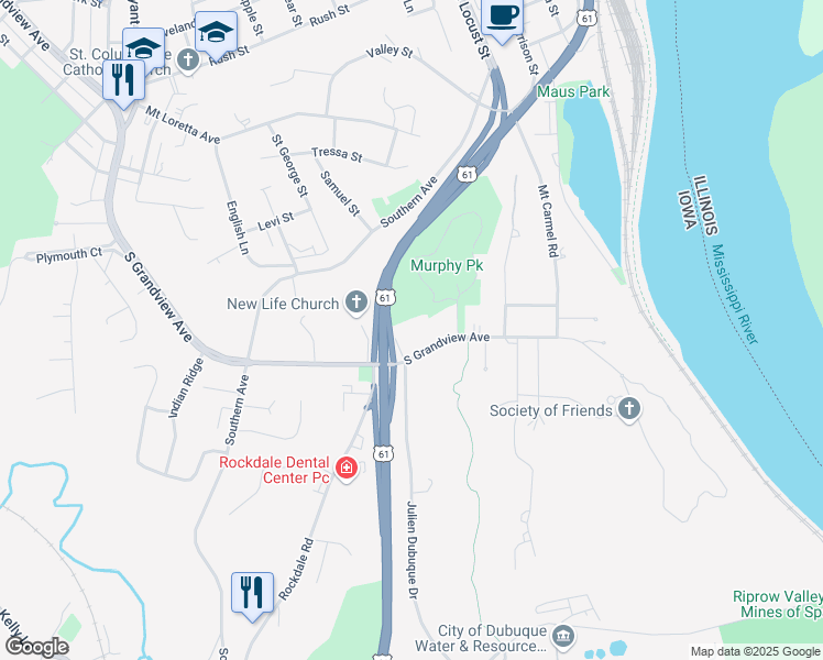 map of restaurants, bars, coffee shops, grocery stores, and more near 8 Julien Dubuque Drive in Dubuque