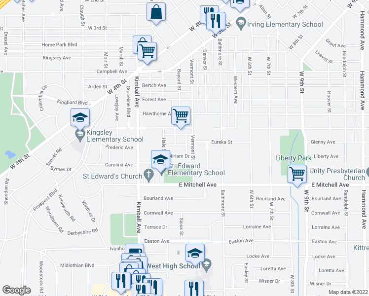 map of restaurants, bars, coffee shops, grocery stores, and more near 231 Miriam Drive in Waterloo