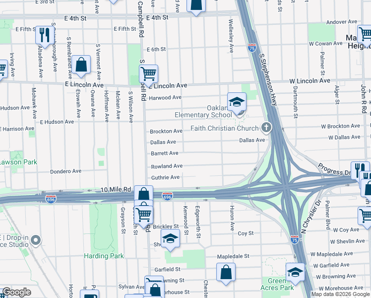 map of restaurants, bars, coffee shops, grocery stores, and more near 1914 Barrett Avenue in Royal Oak