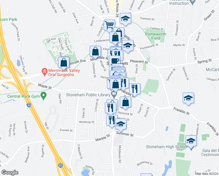 map of restaurants, bars, coffee shops, grocery stores, and more near 3 Hill Court in Stoneham