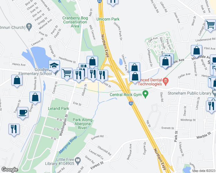 map of restaurants, bars, coffee shops, grocery stores, and more near 1 Hill Street in Winchester