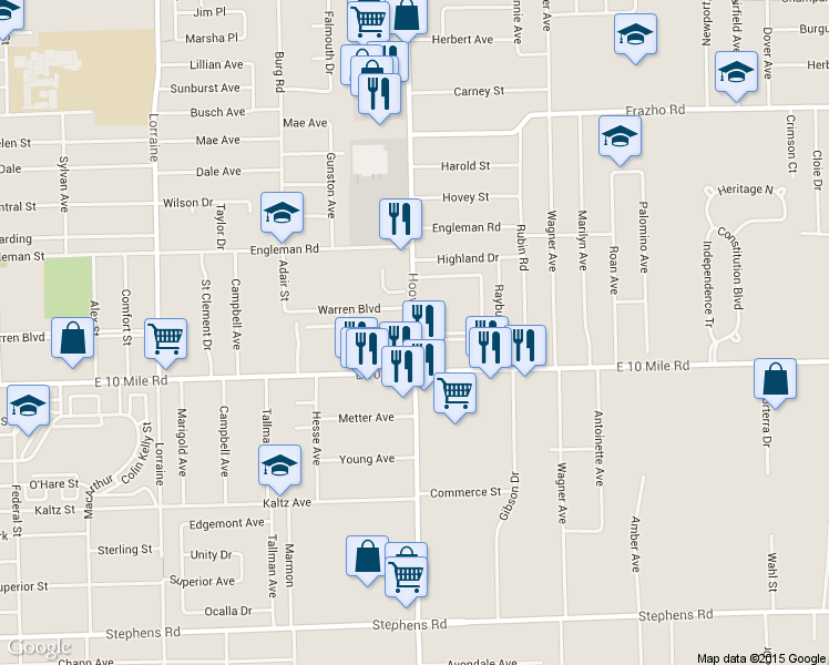 map of restaurants, bars, coffee shops, grocery stores, and more near 25108 Hoover Road in Warren