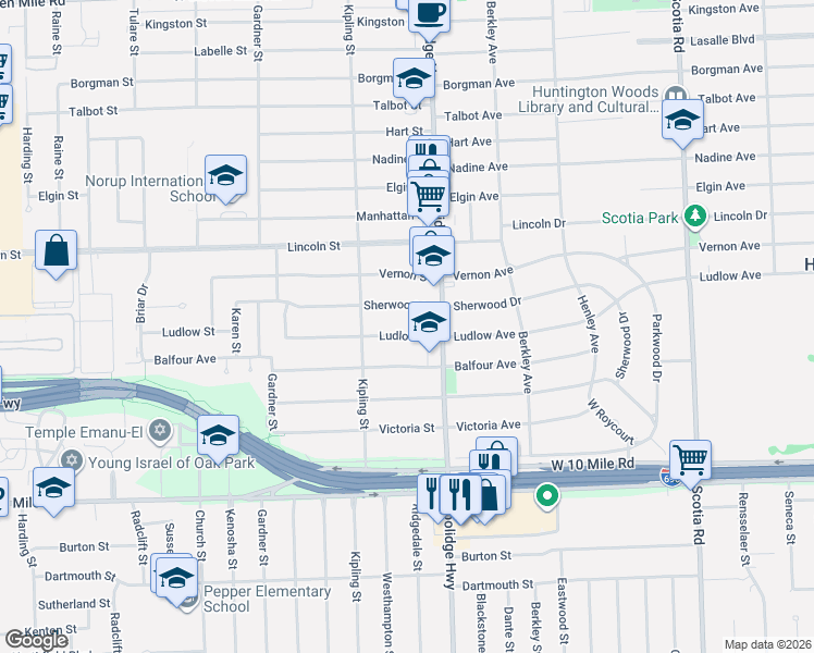 map of restaurants, bars, coffee shops, grocery stores, and more near 13661 Ludlow Street in Oak Park