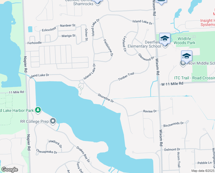 map of restaurants, bars, coffee shops, grocery stores, and more near 49720 Timber Trail in Novi