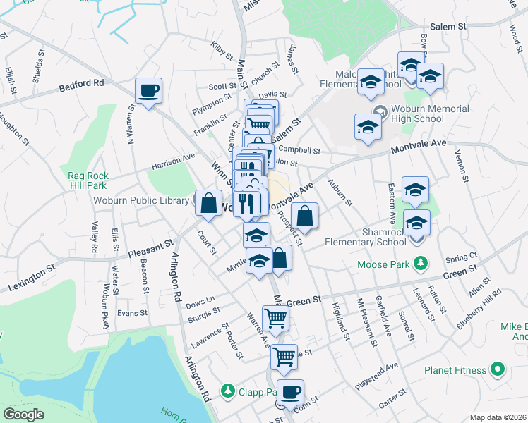 map of restaurants, bars, coffee shops, grocery stores, and more near 25 Montvale Avenue in Woburn