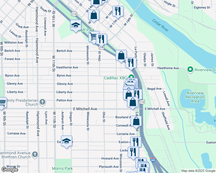 map of restaurants, bars, coffee shops, grocery stores, and more near 1851 Liberty Ave in Waterloo